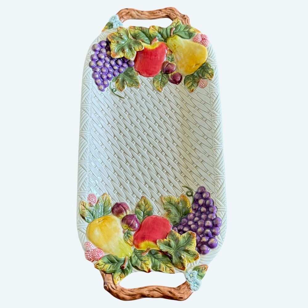 Style Eyes Baum Bros Cornucopia Woven Fruit Ceramic Platter Handled Serving Tray